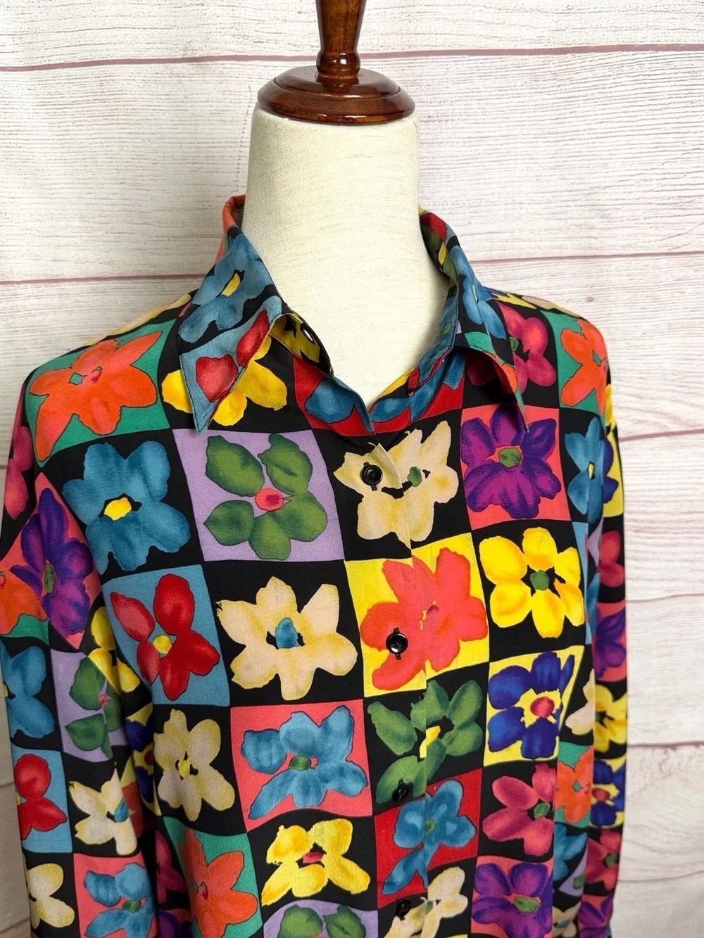 Corey B. Vintage 100% Silk Blouse Floral Windowpane Art to Wear size US 12